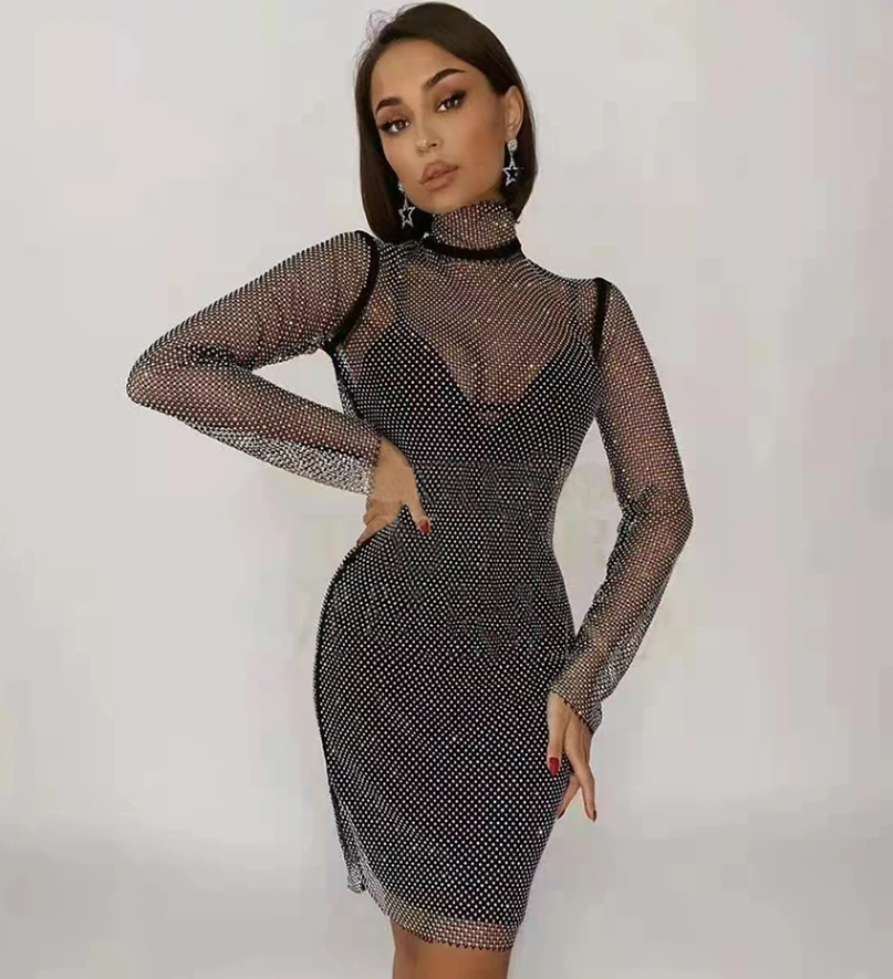 Rhinestone Mid-length High Neck Glitter Dress featuring a sleek design and long sleeves for a glamorous look