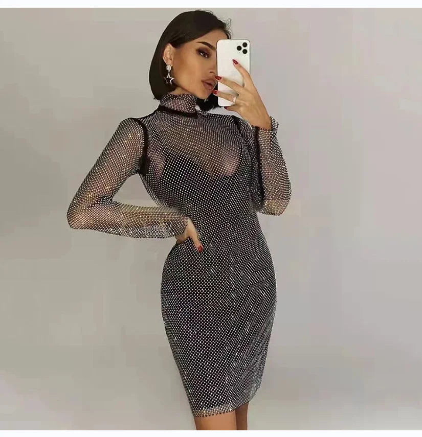 Rhinestone Mid-length High Neck Glitter Dress featuring a form-fitting design and sheer long sleeves