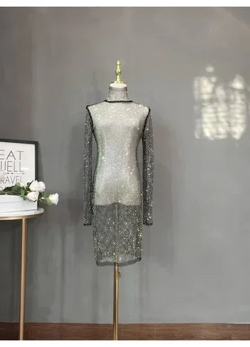 Rhinestone Mid-length High Neck Glitter Dress with Long Sleeves and Shiny Finish