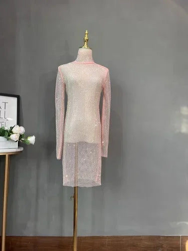 Rhinestone Mid-length High Neck Glitter Dress in sheer pink with long sleeves and stylish design