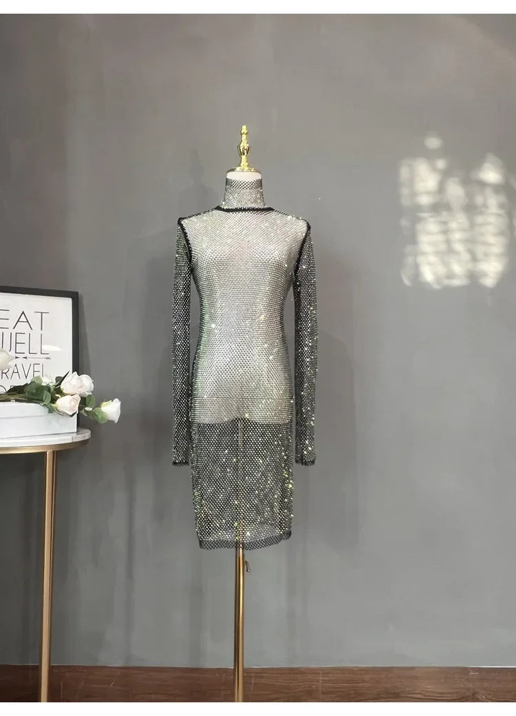 Rhinestone Mid-length High Neck Glitter Dress showcased on a mannequin against a stylish background