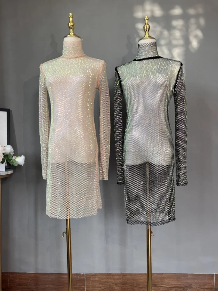 Rhinestone Mid-length High Neck Glitter Dress in beige and black showcasing elegant, sparkling design