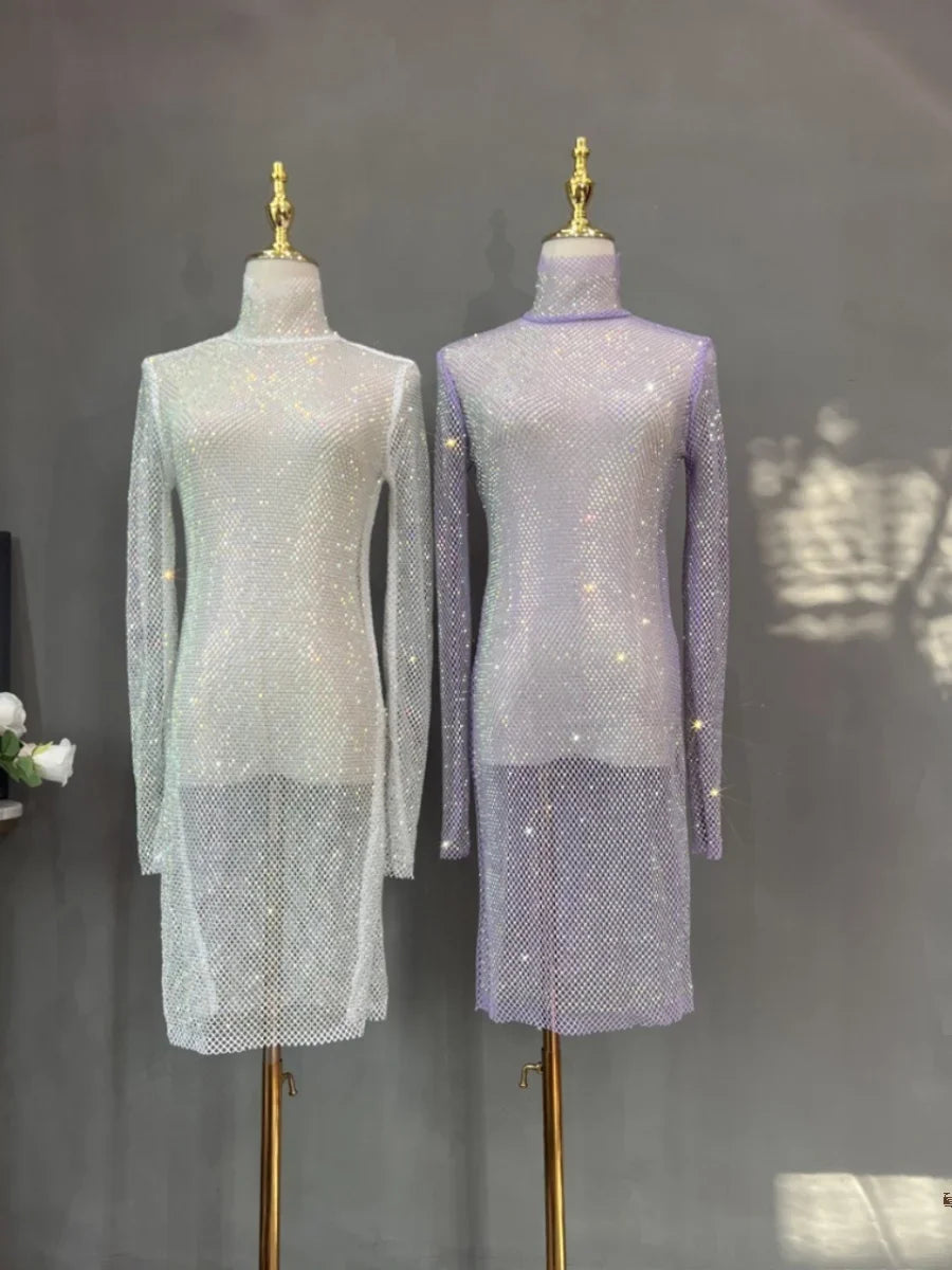 Rhinestone Mid-length High Neck Glitter Dress available in shimmering white and lavender colors