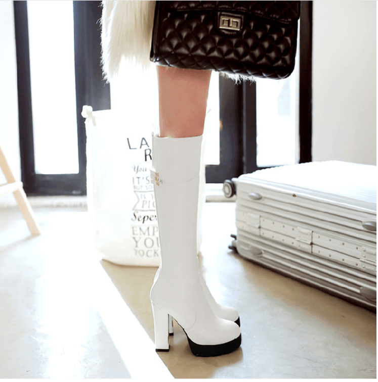 High-heeled Knee High Martin Boots With Solid Side Zip And Rubber Sole - Your Shiny Clothes