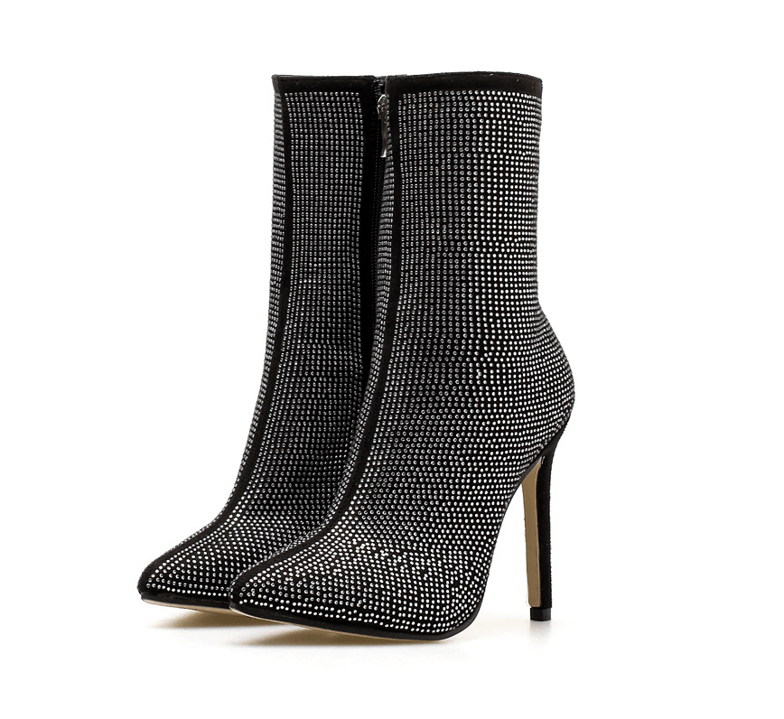 Pointed Rhinestone High Heel Ankle Boots - Your Shiny Clothes