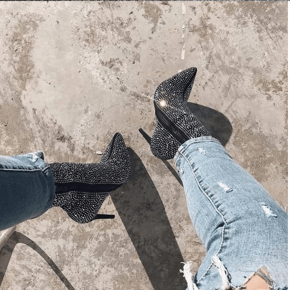 Pointed Rhinestone High Heel Ankle Boots - Your Shiny Clothes