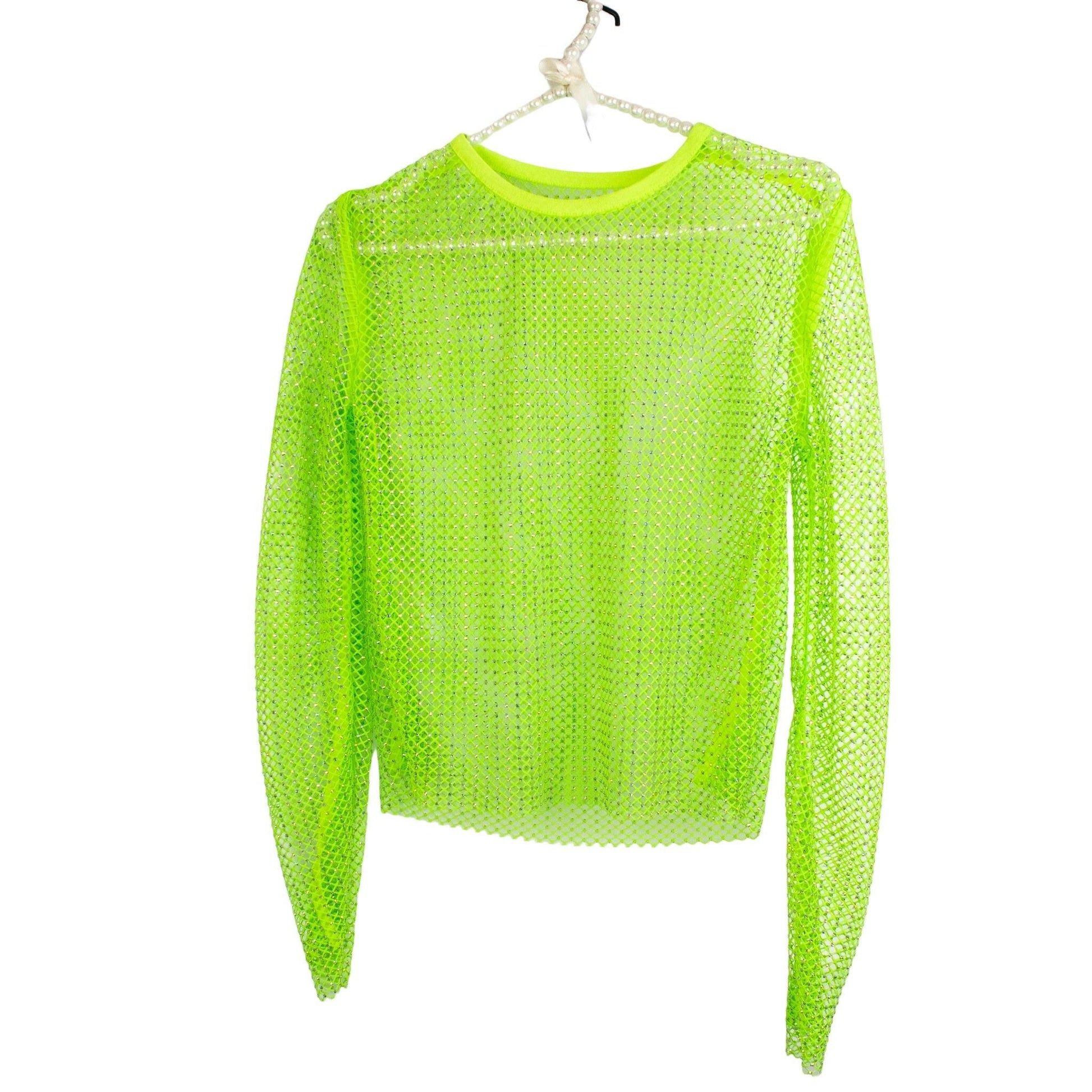 Rhinestone Studded Long Sleeve Mesh Top - Your Shiny Clothes