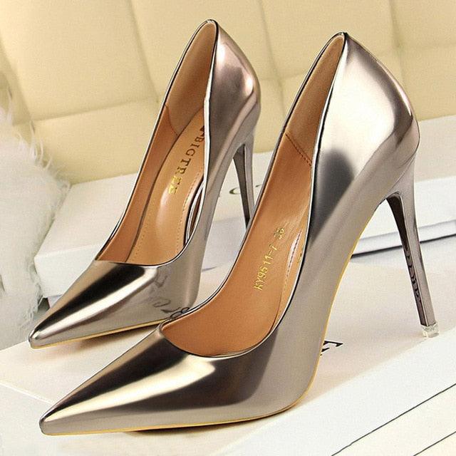 BIGTREE Patent Leather High Heel Metallic Coloured Shoes - Your Shiny Clothes