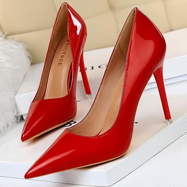BIGTREE Patent Leather High Heel Metallic Coloured Shoes - Your Shiny Clothes
