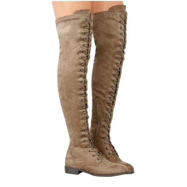 Cross Strap Knee High Suede Leather Low Heel Boots - Your Shiny Clothes