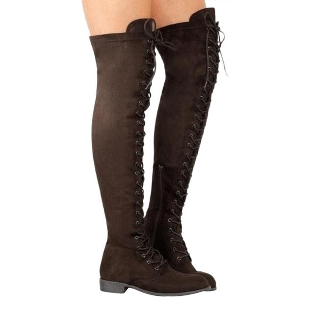 Cross Strap Knee High Suede Leather Low Heel Boots - Your Shiny Clothes