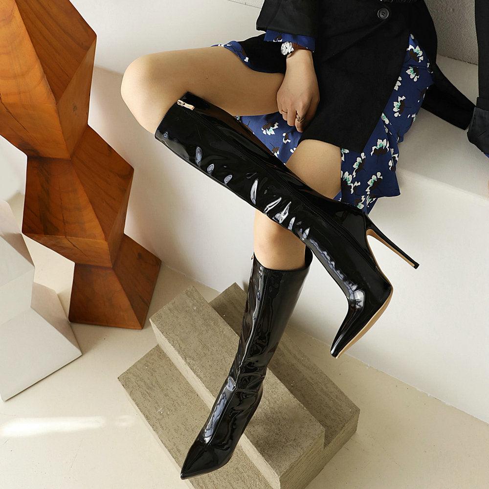 Knee High 13cm High Heel Patent Leather Boots - Your Shiny Clothes