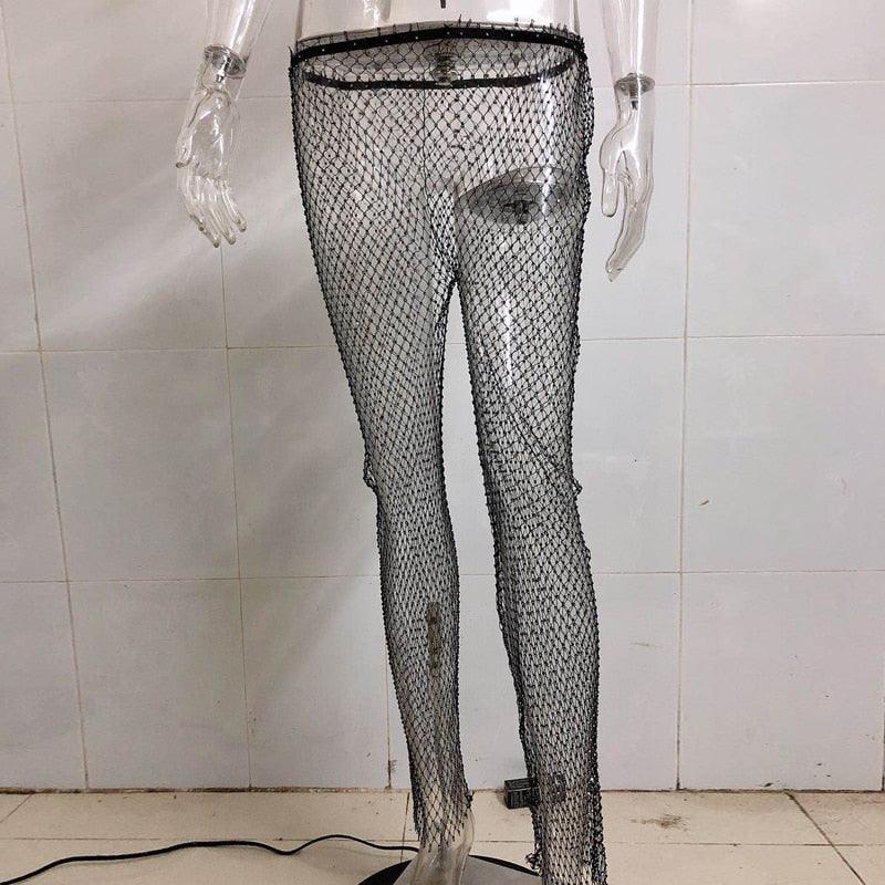 Rhinestone Studded Mesh Pants - Your Shiny Clothes