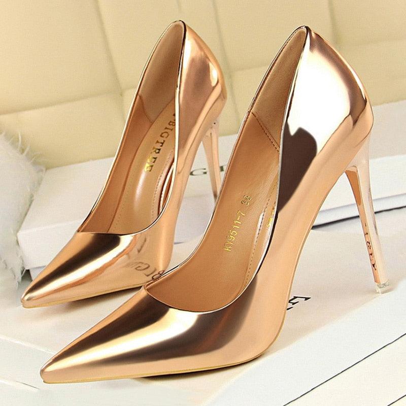 BIGTREE Patent Leather High Heel Metallic Coloured Shoes - Your Shiny Clothes