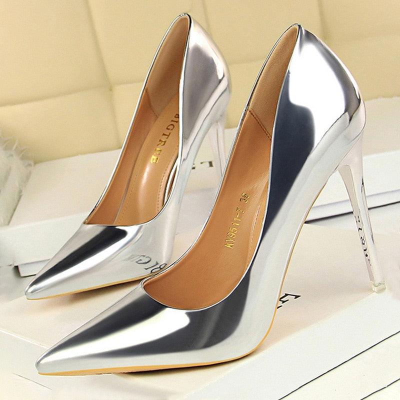 BIGTREE Patent Leather High Heel Metallic Coloured Shoes - Your Shiny Clothes