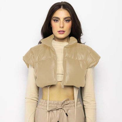 Faux Leather Cotton Cropped Vest Coat - Your Shiny Clothes