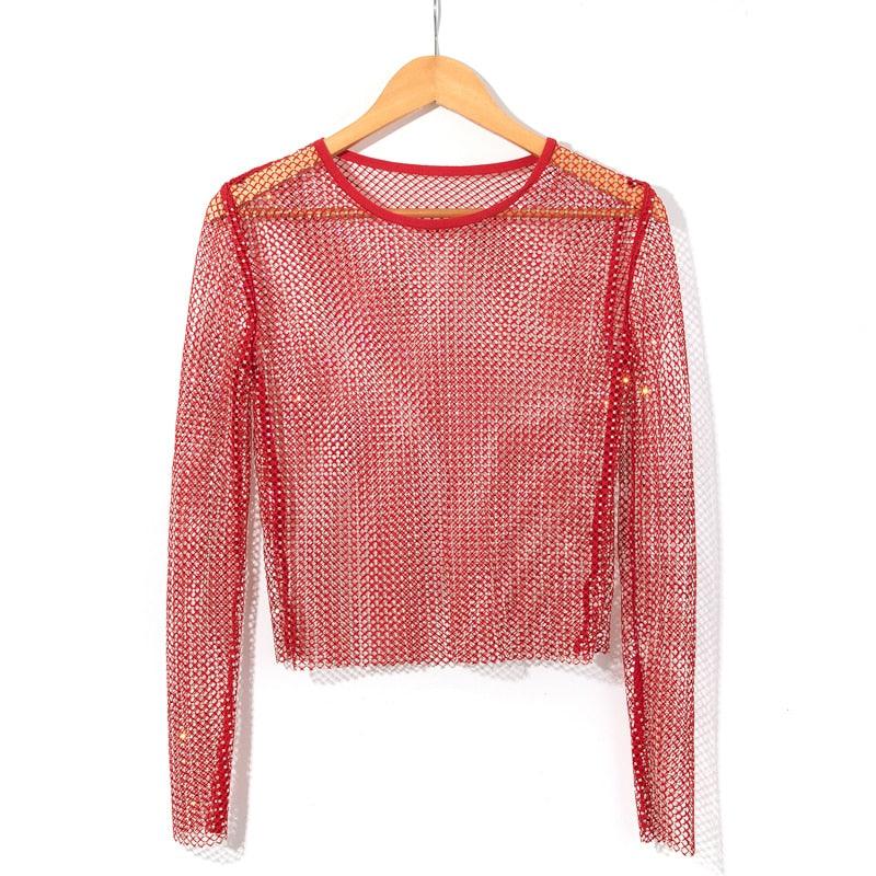 Rhinestone Studded Long Sleeve Mesh Top - Your Shiny Clothes