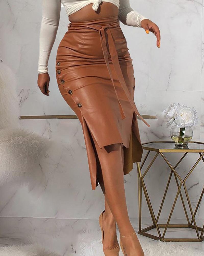 PU Leather Midi Skirt - Your Shiny Clothes