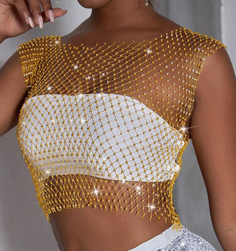 Rhinestone Studded Mesh Crop Top - Your Shiny Clothes