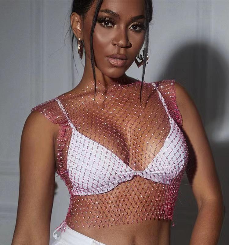 Rhinestone Studded Mesh Crop Top - Your Shiny Clothes