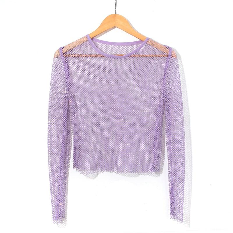 Rhinestone Studded Long Sleeve Mesh Top - Your Shiny Clothes