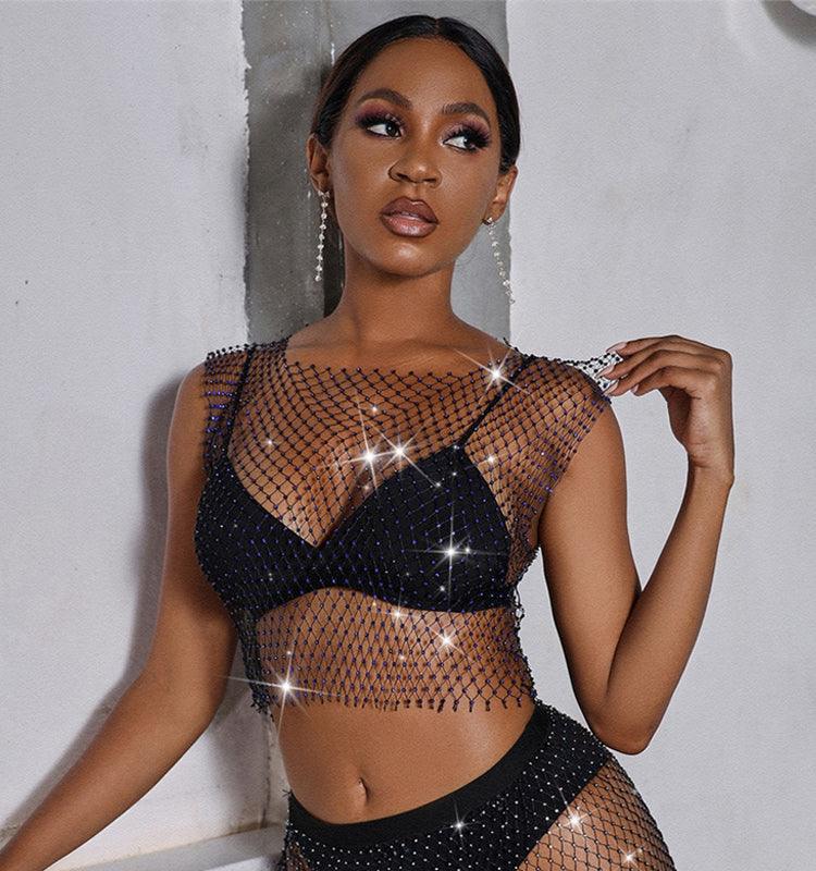 Rhinestone Studded Mesh Crop Top - Your Shiny Clothes