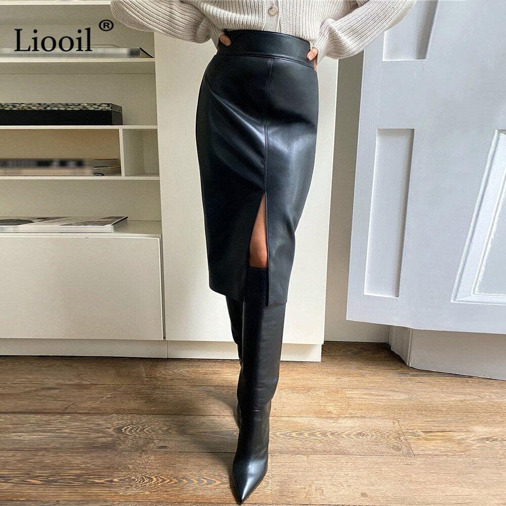 High Waist Faux Leather Slit Pencil Skirt - Your Shiny Clothes