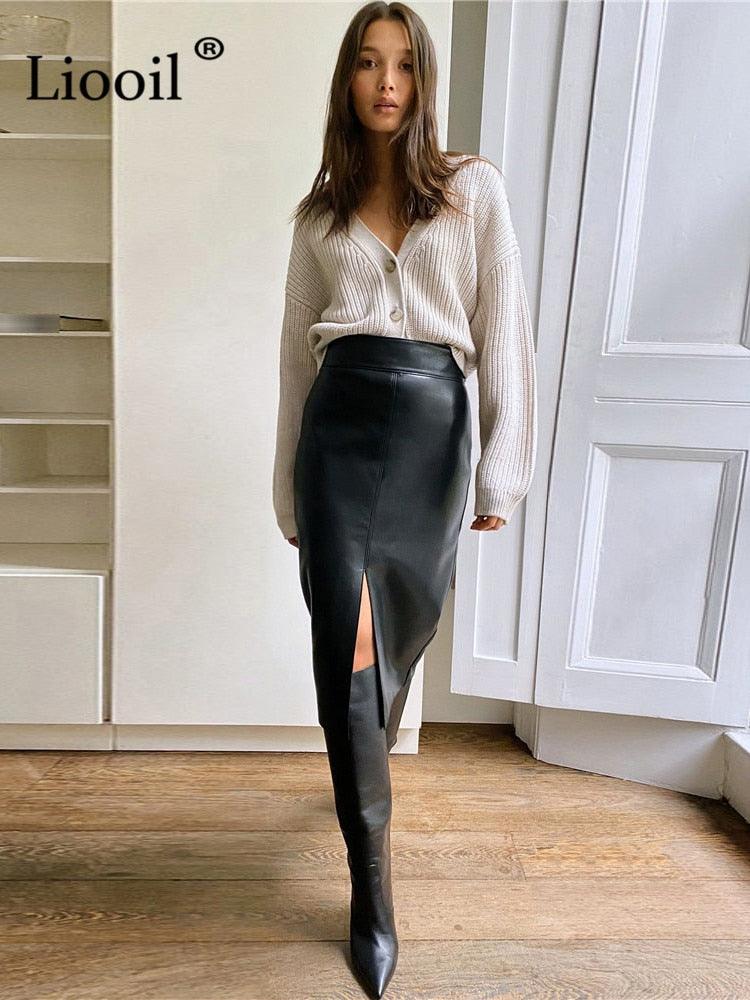 High Waist Faux Leather Slit Pencil Skirt - Your Shiny Clothes