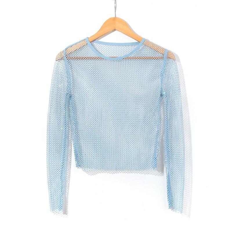 Rhinestone Studded Long Sleeve Mesh Top - Your Shiny Clothes