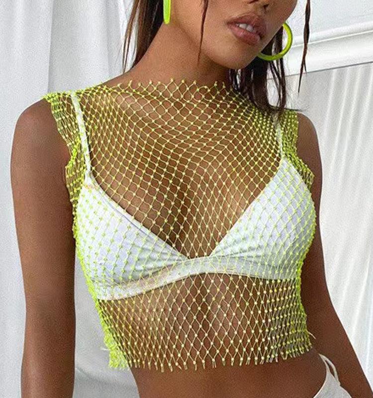 Rhinestone Studded Mesh Crop Top - Your Shiny Clothes