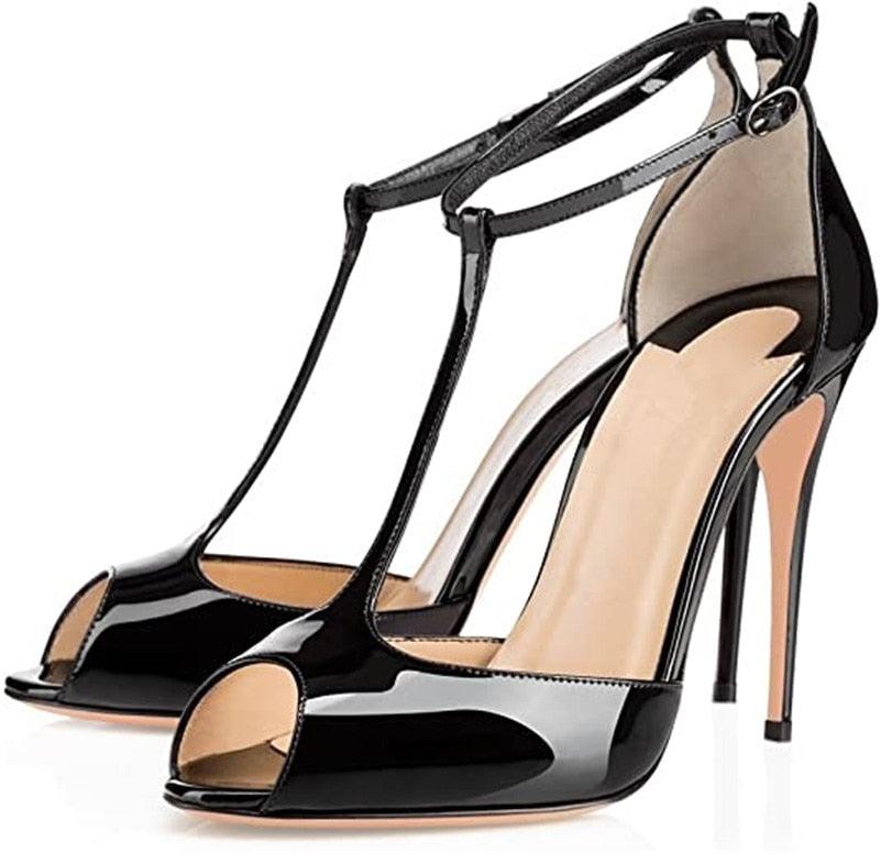 Peep Toe T-Strap Patent Leather Sandals - Your Shiny Clothes