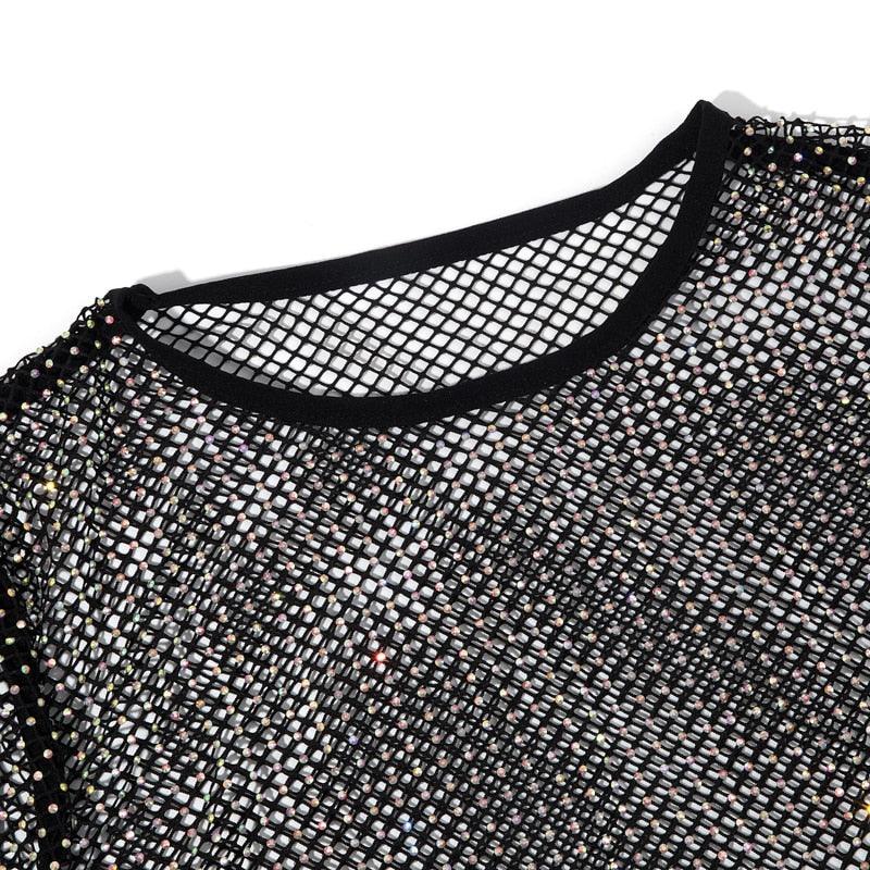 Rhinestone Studded Long Sleeve Mesh Top - Your Shiny Clothes