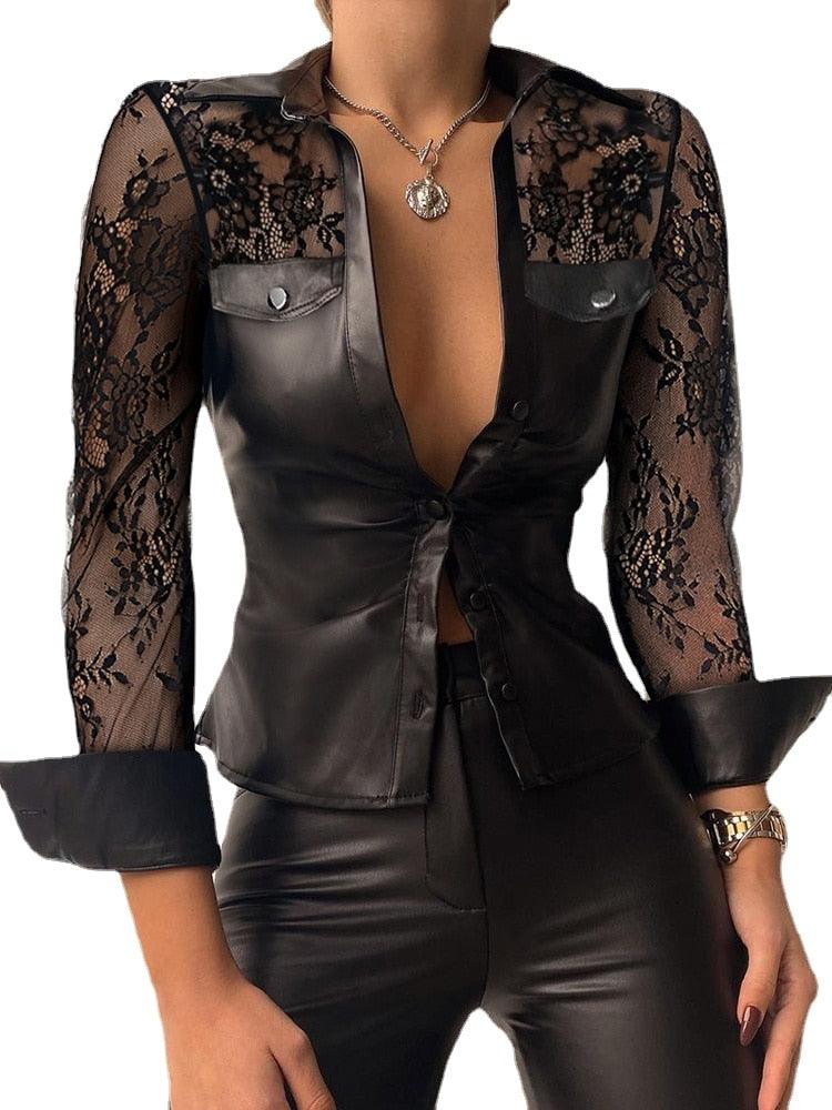 Laced Sleeve Vegan Leather Blouse - Your Shiny Clothes