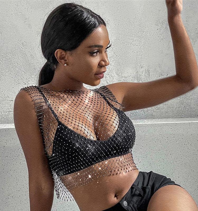 Rhinestone Studded Mesh Crop Top - Your Shiny Clothes