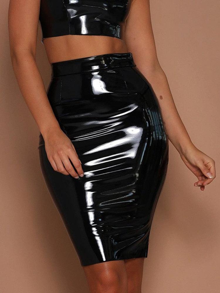 High Waist Shiny Faux Leather Pencil Skirt - Your Shiny Clothes