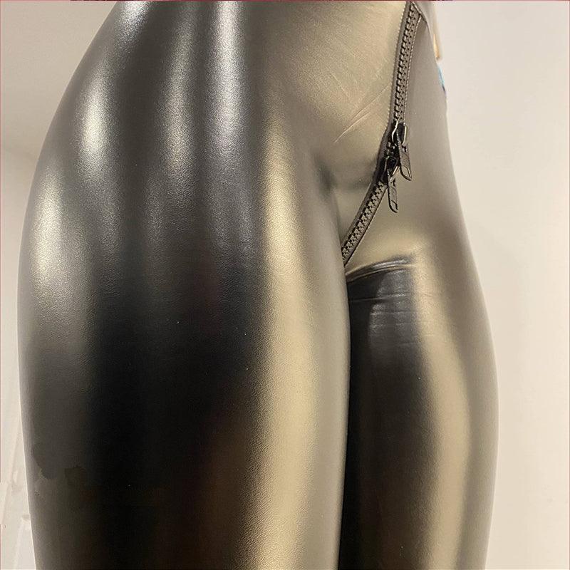 Black Matte Faux Leather Open Crotch Pants - Your Shiny Clothes