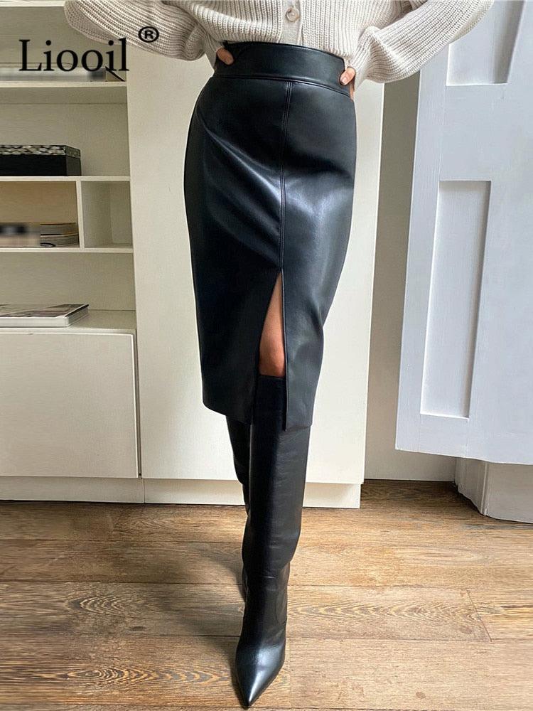 High Waist Faux Leather Slit Pencil Skirt - Your Shiny Clothes