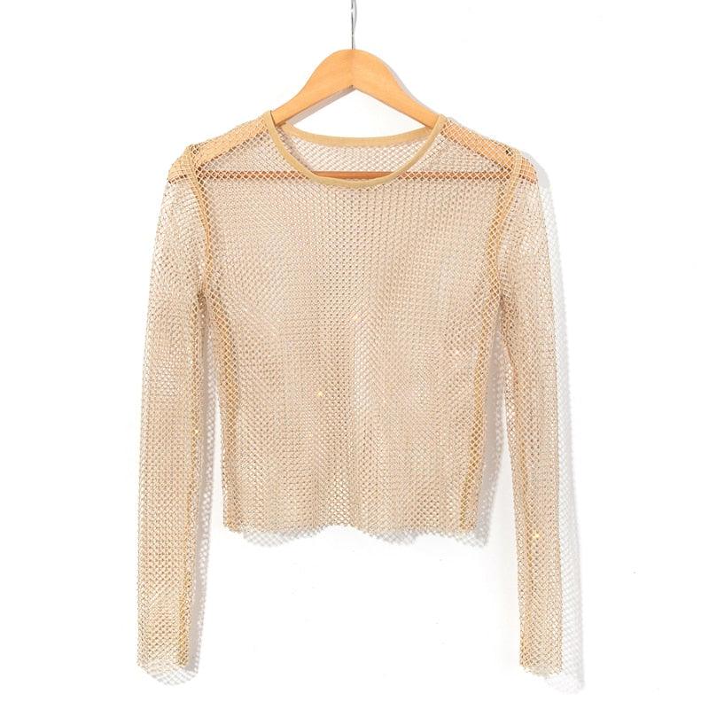 Rhinestone Studded Long Sleeve Mesh Top - Your Shiny Clothes