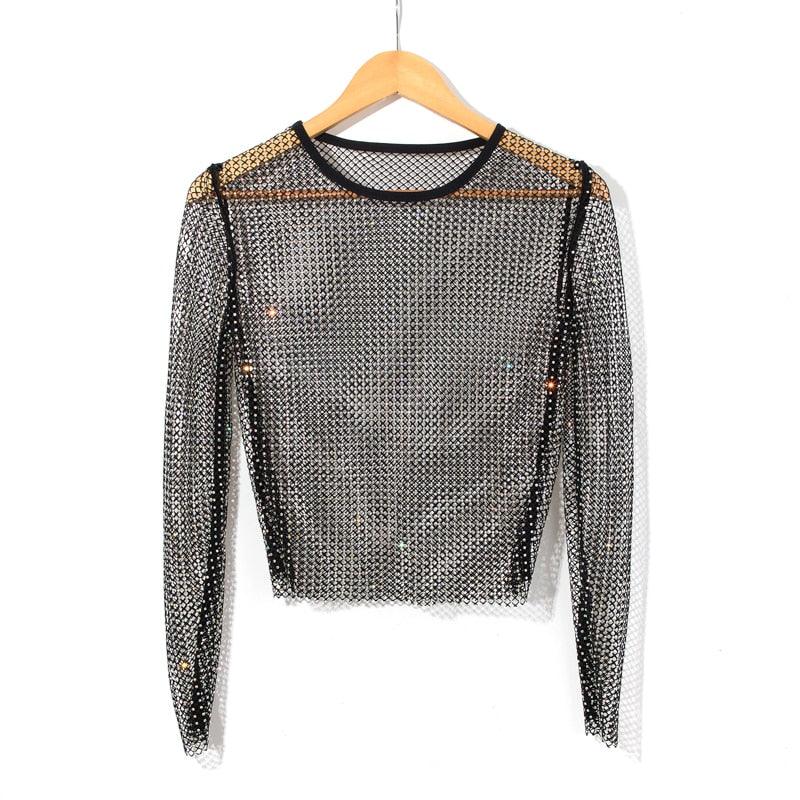 Rhinestone Studded Long Sleeve Mesh Top - Your Shiny Clothes