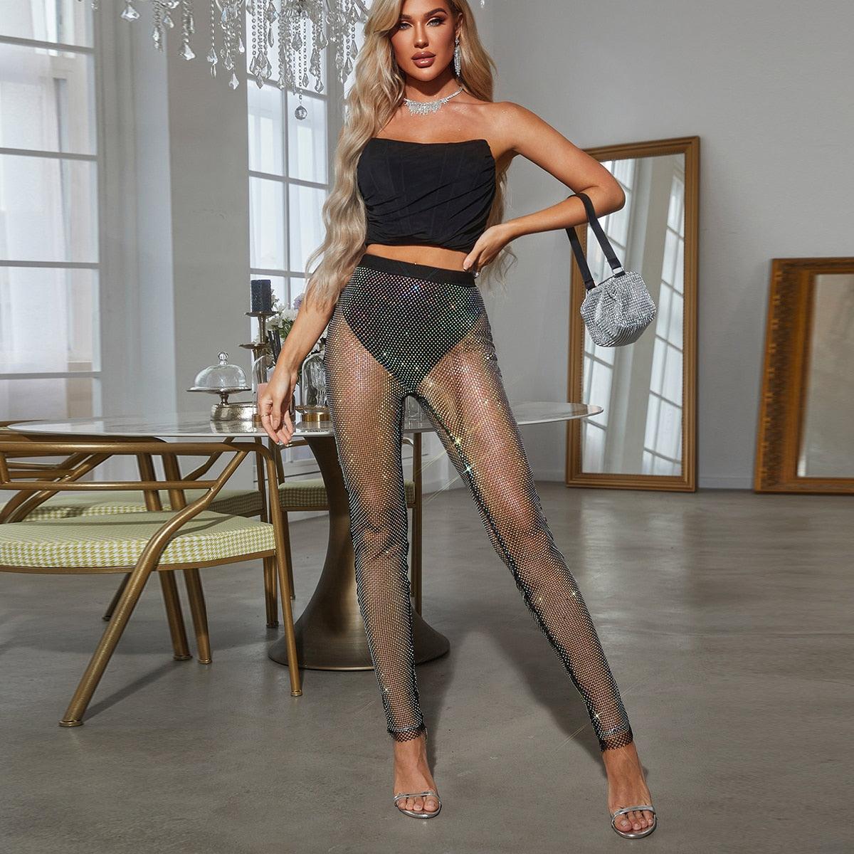 Rhinestone Studded Mesh Pants - Your Shiny Clothes