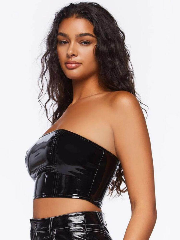 Black Patent Leather Strapless Zip Back Crop Top - Your Shiny Clothes