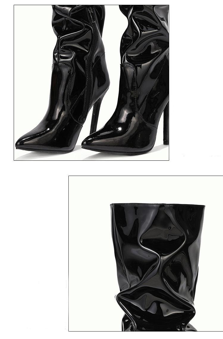 Pleated Over The Knee PU Leather Boots - Your Shiny Clothes
