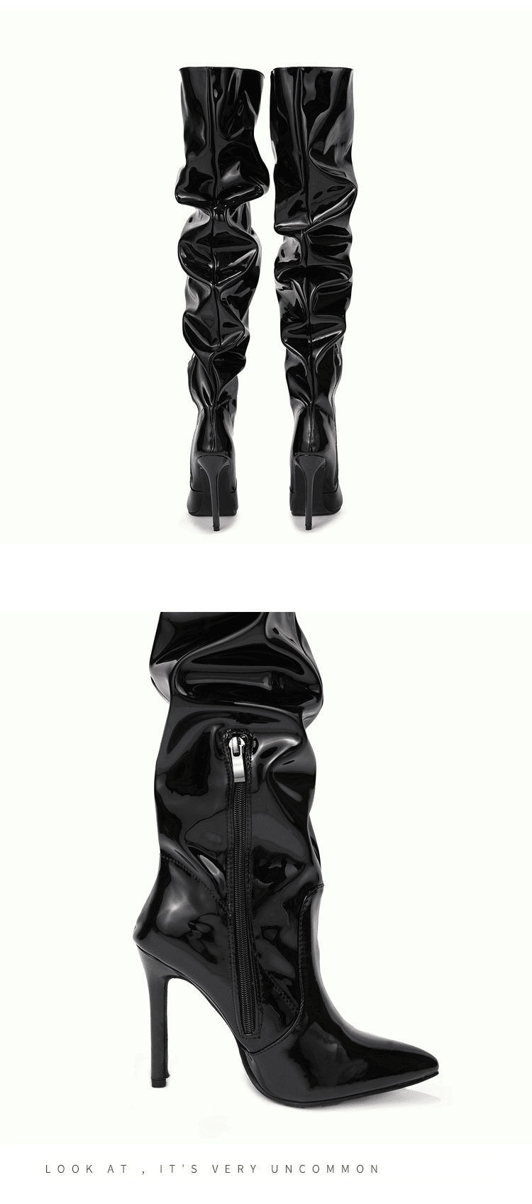 Pleated Over The Knee PU Leather Boots - Your Shiny Clothes