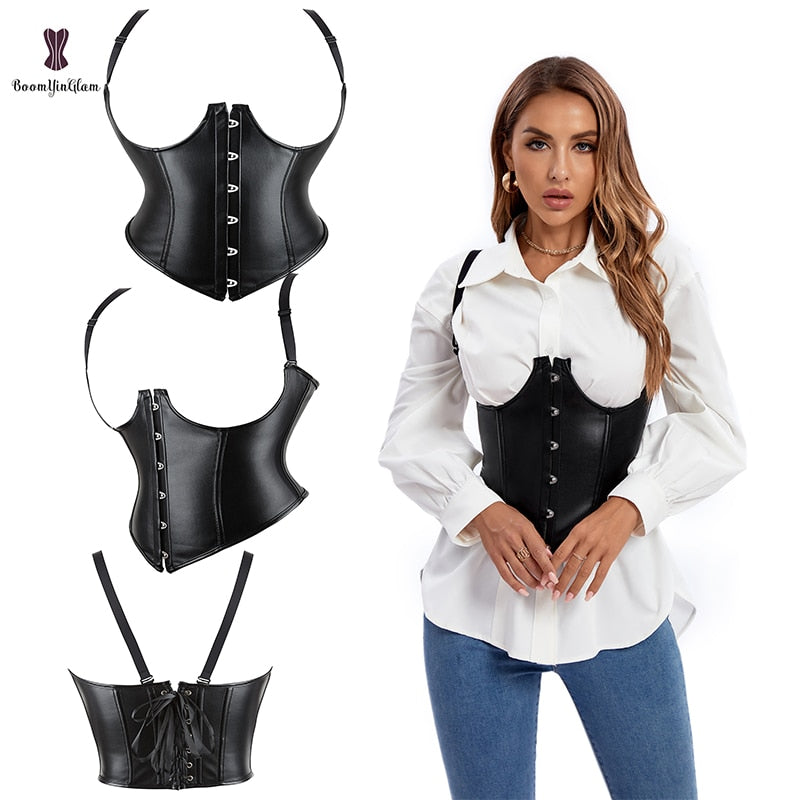 Black faux leather corset with adjustable straps and front lacing for a stylish silhouette