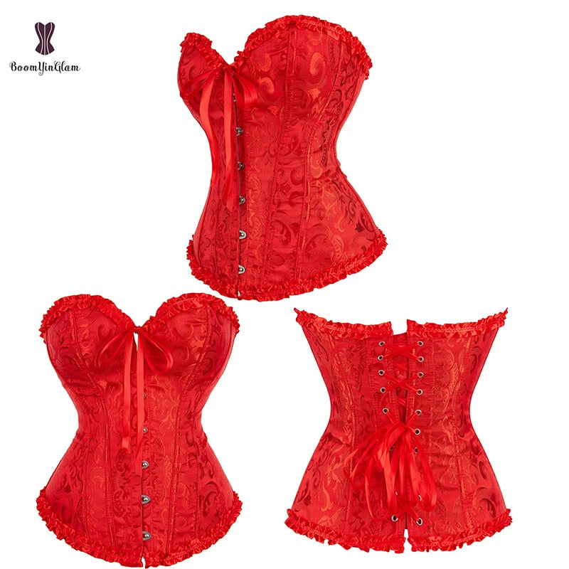 Stunning red pleated lace bustier corset with intricate detailing and lace trim for a flattering silhouette