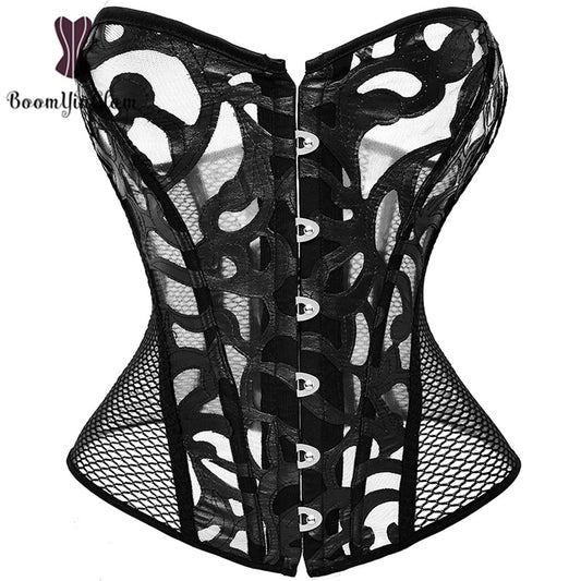 Elegant lace and mesh corset with intricate design and front fastening for a stylish silhouette