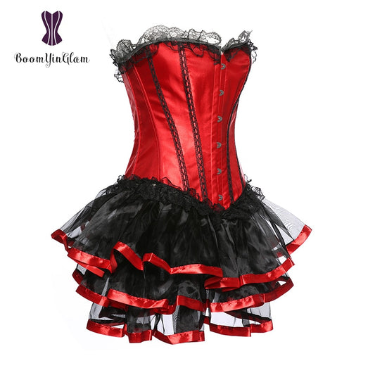 Red satin corset set with black lace trim and ruffled skirt for a dramatic look