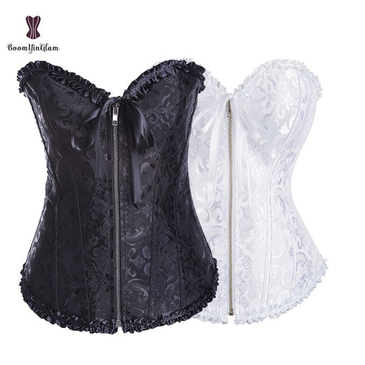 Zipper lace up corset in black and white with elegant lace detailing and a flattering silhouette