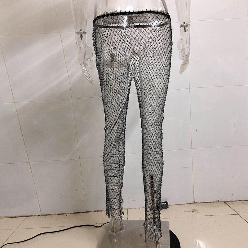 Dazzling Rhinestone Mesh Pants for Stylish Outfits featuring a sheer design and sparkling details