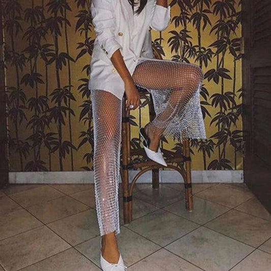 Dazzling Rhinestone Mesh Pants for Stylish Outfits paired with a chic white blazer and stylish shoes